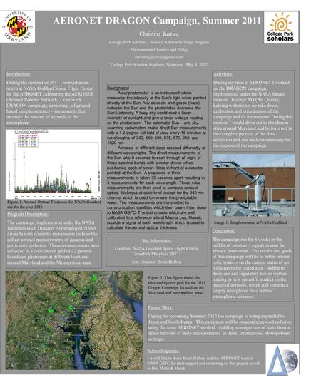 AERONET DRAGON Campaign, Summer 2011 Christina Justice College Park Scholars – Science & Global Change Program Environmental Science and Policy
