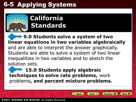 6-5 Applying Systems 9.0 Students solve a system of two linear equations in two variables algebraically and are able to interpret the answer graphically.