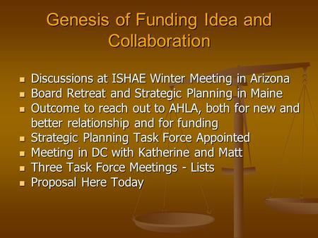 Genesis of Funding Idea and Collaboration Discussions at ISHAE Winter Meeting in Arizona Discussions at ISHAE Winter Meeting in Arizona Board Retreat and.