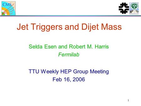 1 Jet Triggers and Dijet Mass Selda Esen and Robert M. Harris Fermilab TTU Weekly HEP Group Meeting Feb 16, 2006.