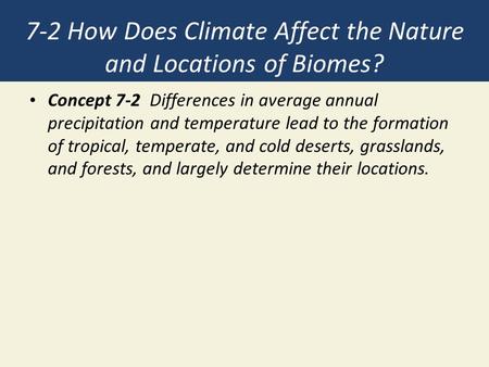 7-2 How Does Climate Affect the Nature and Locations of Biomes? Concept 7-2 Differences in average annual precipitation and temperature lead to the formation.