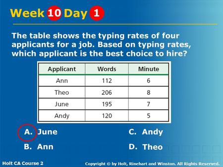 Holt CA Course 2 Copyright © by Holt, Rinehart and Winston. All Rights Reserved. The table shows the typing rates of four applicants for a job. Based on.