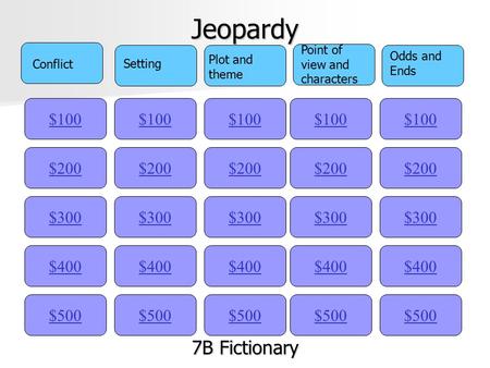 Jeopardy $100 $200 $300 $400 $500 $400 $300 $200 $100 $500 $400 $300 $200 $100 $500 $400 $300 $200 $100 $500 $400 $300 $200 $100 7B Fictionary 7B Fictionary.