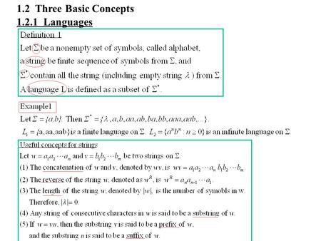 1.2 Three Basic Concepts 1.2.1 Languages start variables 1.2.2 Grammars Let us see a grammar for English. Typically, we are told “a sentence can Consist.