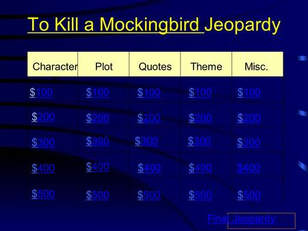 To Kill a Mockingbird Jeopardy Character s PlotQuotesThemeMisc. $100100 $200200 $300300 $400400 $500500 $100100$100100$100100$100100 $200200$200200$200200$200200.