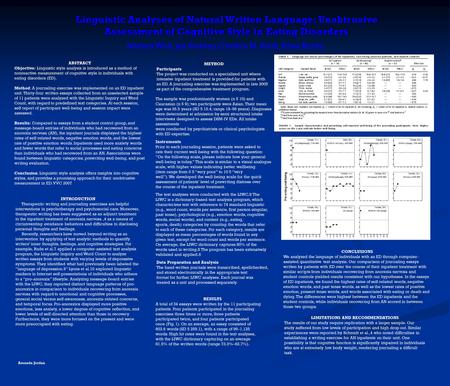 Linguistic Analyses of Natural Written Language: Unobtrusive Assessment of Cognitive Style in Eating Disorders Markus Wolf, Jan Sedway, Cynthia M. Bulik,