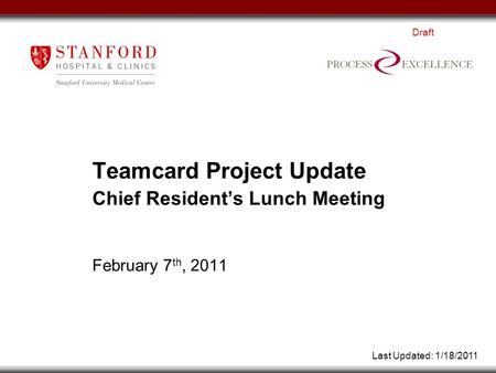 Draft Teamcard Project Update Chief Resident’s Lunch Meeting February 7 th, 2011 Last Updated: 1/18/2011.