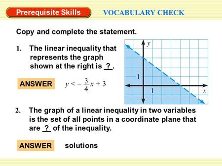 Prerequisite Skills VOCABULARY CHECK Copy and complete the statement. 2. The graph of a linear inequality in two variables is the set of all points in.