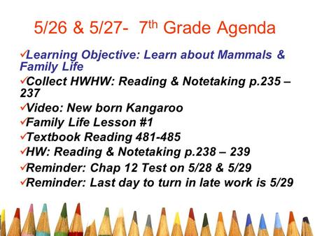 5/26 & 5/27- 7 th Grade Agenda Learning Objective: Learn about Mammals & Family Life Collect HWHW: Reading & Notetaking p.235 – 237 Video: New born Kangaroo.