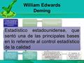 William Edwards Deming 1. Crear constancia en el propósito de mejorar el producto y el servicio. 2. Adoptar la nueva filosofía 3. Dejar de depender de.