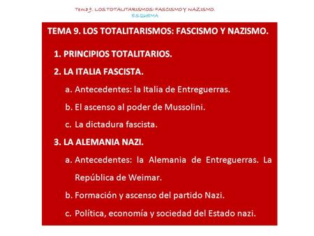 Tema 9. LOS TOTALITARISMOS: FASCISMO Y NAZISMO. ESQUEMA.