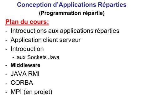 Conception d’Applications Réparties (Programmation répartie) Plan du cours: -Introductions aux applications réparties -Application client serveur -Introduction.