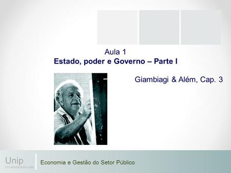 Economia e Gestão do Setor Público Unip Universidade Paulista Aula 1 Estado, poder e Governo – Parte I Giambiagi & Além, Cap. 3.