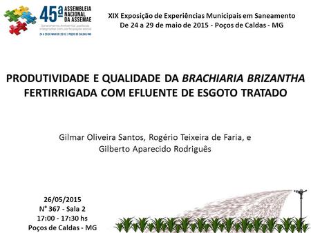 Gilmar Oliveira Santos, Rogério Teixeira de Faria, e Gilberto Aparecido Rodriguês 26/05/2015 N° 367 - Sala 2 17:00 - 17:30 hs Poços de Caldas - MG PRODUTIVIDADE.