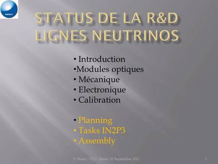 Introduction Modules optiques Mécanique Electronique Calibration Planning Tasks IN2P3 Assembly 1S. Henry - D.U. Status 28 Septembre 2011.