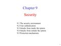 1 Security Chapter 9 9.1 The security environment 9.2 User authentication 9.3 Attacks from inside the system 9.4 Attacks from outside the system 9.5 Protection.