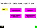 INTERMEDIATE 2 – ADDITIONAL QUESTION BANK UNIT 2 : Graphs, Charts & Tables TrigonometryStatistics Simultaneous Equations EXIT.