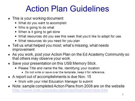 1 Action Plan Guidelines  This is your working document  What do you want to accomplish  Who is going to do what  When is it going to get done  What.