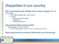 Disparities in our country 83% of all low-income children fail to read on grade level at 3rd grade –74% will not catch up in later grades –Predicts: High.