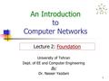 1 An Introduction to Computer Networks University of Tehran Dept. of EE and Computer Engineering By: Dr. Nasser Yazdani Lecture 2: Foundation.