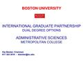 INTERNATIONAL GRADUATE PARTNERSHIP DUAL DEGREE OPTIONS BOSTON UNIVERSITY ADMINISTRATIVE SCIENCES METROPOLITAN COLLEGE Kip Becker, Chairman 617 353 3016.