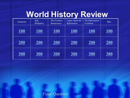 World History Review Anagrams Italy - Birthplace The Northern Renaissance Luther Starts the Reformation The Reformation Continues Misc. 100 200 300 Final.