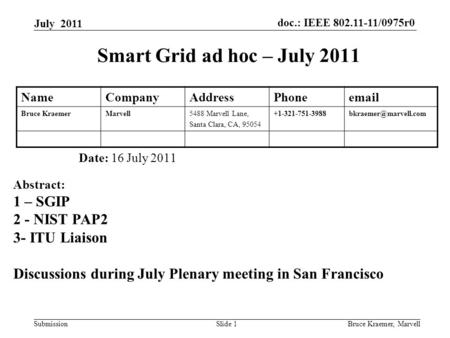 Doc.: IEEE 802.11-11/0975r0 Submission July 2011 Bruce Kraemer, MarvellSlide 1 Smart Grid ad hoc – July 2011 Date: 16 July 2011 Abstract: 1 – SGIP 2 -