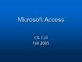 Microsoft Access CS 110 Fall 2005. Learning to use Access Terms describing database Terms describing database Database views Database views Operations.