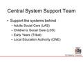 Central System Support Team Support the systems behind –Adults Social Care (LAS) –Children’s Social Care (LCS) –Early Years (Tribal) –Local Education Authority.