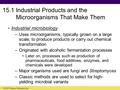 15.1 Industrial Products and the Microorganisms That Make Them Industrial microbiology –Uses microorganisms, typically grown on a large scale, to produce.