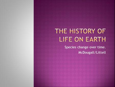 Species change over time. McDougall/Littell.  Evolution is the process by which species change over time.  Evolution occurs due to changes in the genetic.