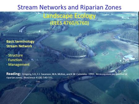 Stream Networks and Riparian Zones Landscape Ecology (EEES 4760/6760) Basic terminology Stream Network · Structure · Function · Management Reading: Gregory,