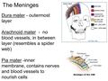 The Meninges Dura mater - outermost layer Arachnoid mater - no blood vessels, in between layer (resembles a spider web) Pia mater -inner membrane, contains.
