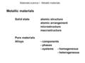 Materials science I - Metallic materials Metallic materials Solid state atomic structure atomic arrangement microstructure macrostructure Pure materials.