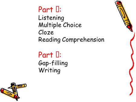 Part Ⅰ : Listening Multiple Choice Cloze Reading Comprehension Part Ⅱ : Gap-filling Writing.