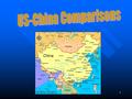1. 2 USA: Land Area: 9,631,418 sq km Population: 293,027,571 (July 2004 est) China: Land Area: 9,326,410 sq km Population: 1,298,847,624 (July2004 est)