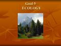 Goal 5 ECOLOGY. Ecosystem HABITAT Where an organism lives Where an organism lives Trees/forest Trees/forest Under logs Under logs In soil In soil Water.