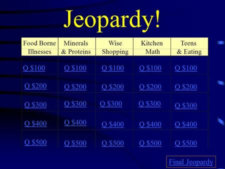 Jeopardy! Food Borne Illnesses Minerals & Proteins Wise Shopping Teens & Eating Q $100 Q $200 Q $300 Q $400 Q $500 Q $100 Q $200 Q $300 Q $400 Q $500.