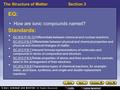 The Structure of MatterSection 3 EQ: How are ionic compounds named? Standards: SC.912.P.10.12 Differentiate between chemical and nuclear reactions. SC.912.P.10.12.