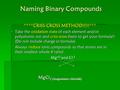 Naming Binary Compounds ****CRISS-CROSS METHOD!!!!!***  Take the oxidation state of each element and/or polyatomic ion and criss-cross them to get your.