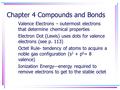 Chapter 4 Compounds and Bonds Valence Electrons – outermost electrons that determine chemical properties Electron Dot (Lewis) uses dots for valence electrons.