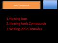 Ionic Compounds AnionsCations 1.Naming Ions 2.Naming Ionic Compounds 3.Writing Ionic Formulas.