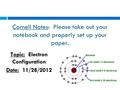 Cornell Notes: Please take out your notebook and properly set up your paper. Topic: Electron Configuration Date: 11/28/2012.