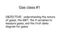 Gas class #1 OBJECTIVE: understanding the nature of gases, the KMT, the 4 variables to measure gases, and the first demo diagram for gases.