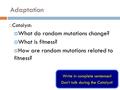 Adaptation  Catalyst:  What do random mutations change?  What is fitness?  How are random mutations related to fitness? Write in complete sentences!