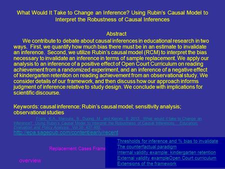 Replacement Cases Framework overview Thresholds for inference and % bias to invalidate The counterfactual paradigm Internal validity example: kindergarten.