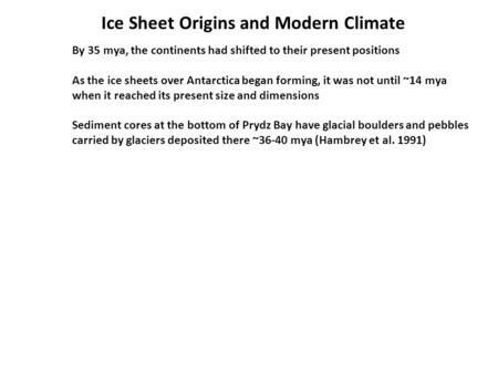 Ice Sheet Origins and Modern Climate By 35 mya, the continents had shifted to their present positions As the ice sheets over Antarctica began forming,