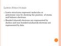 L EWIS S TRUCTURES Lewis structures represent molecules or polyatomic ions by showing the position of atoms and balance electrons. Bonded (shared) electrons.