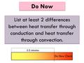 Do Now List at least 2 differences between heat transfer through conduction and heat transfer through convection. 3.5 minutes Do Now Check.