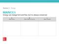 Energy can change form and flow, but it is always conserved. Section 1: Energy K What I Know W What I Want to Find Out L What I Learned.